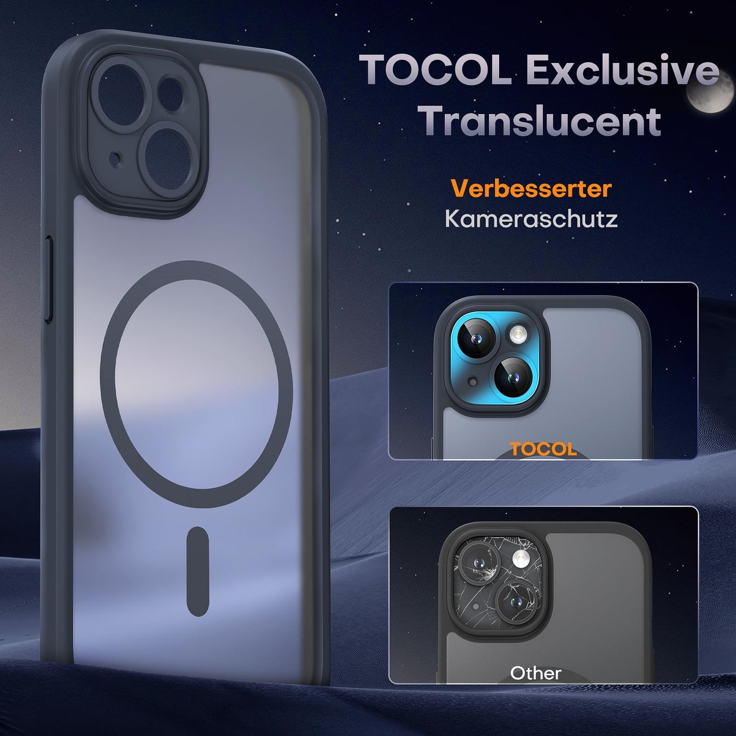 TOCOL Case for iPhone 15, Magsafe, Full Camera Protection, Shockproof, Scratch-Resistant, Translucent Back, Magnetic Mobile Phone Case for iPhone 15, Black