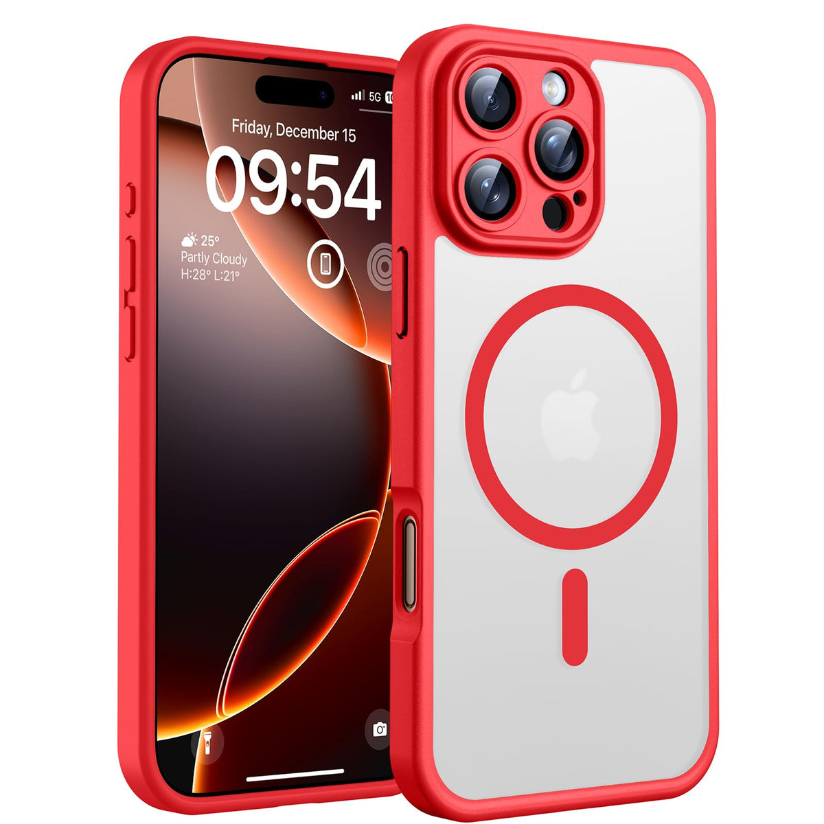TOCOL 3 in 1 Magnetic Cover for iPhone 16 Pro Max 6.9 Inch with 2 Tempered Glass, Compatible with MagSafe [Integrated Camera Protection] Shockproof Translucent Matte Case, Red