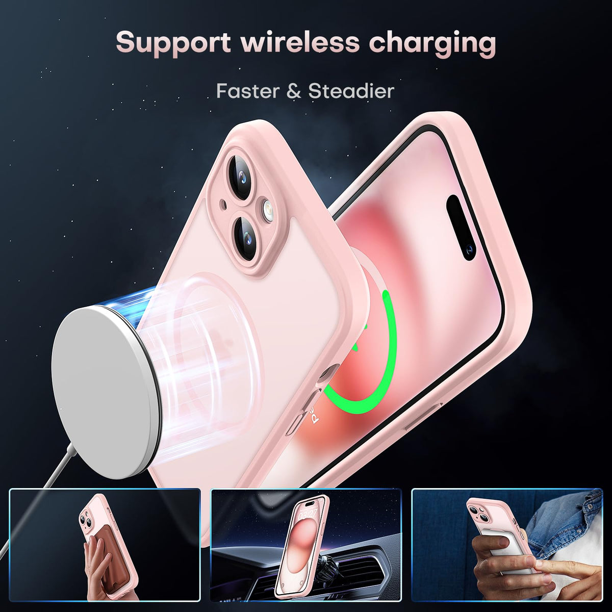 TOCOL 3 in 1 Magnetic for iPhone 15 Plus Case, Upgraded [Full Camera Protection] with 2 Screen Protector, Fit for MagSafe, [Military Grade Drop Tested] Slim Translucent Matte Back Cover 6.7", Pink