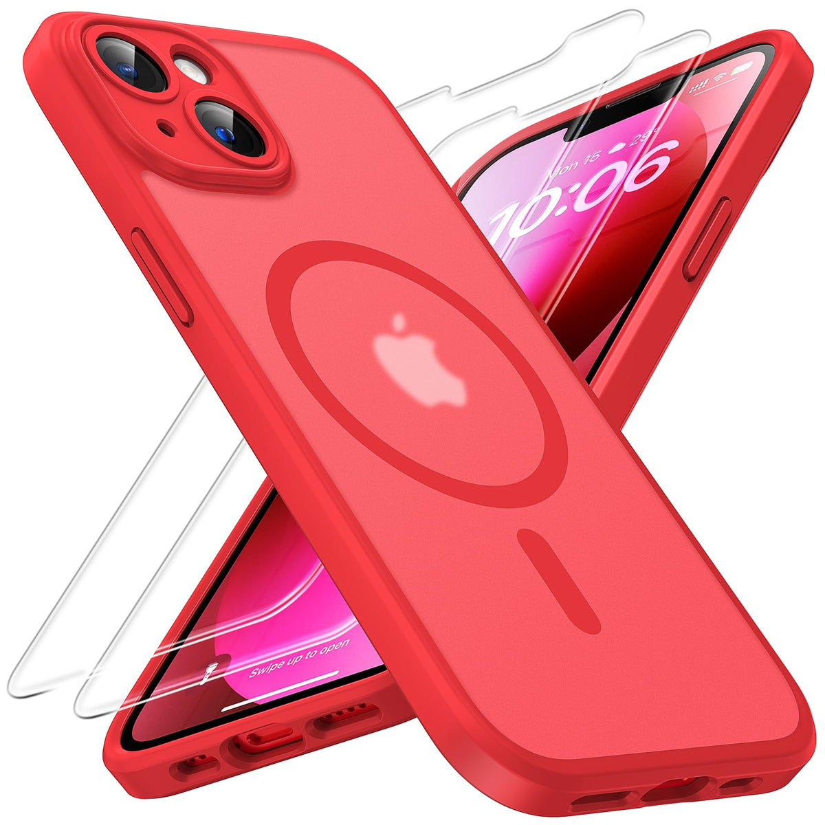 TOCOL Magnetic for iPhone 13 Case 6.1-Inch, Fit for MagSafe, Upgraded [Full Camera Protection], [14FT Military Grade Drop Tested] Shockproof Slim Translucent Matte Back Phone Cover (Red)