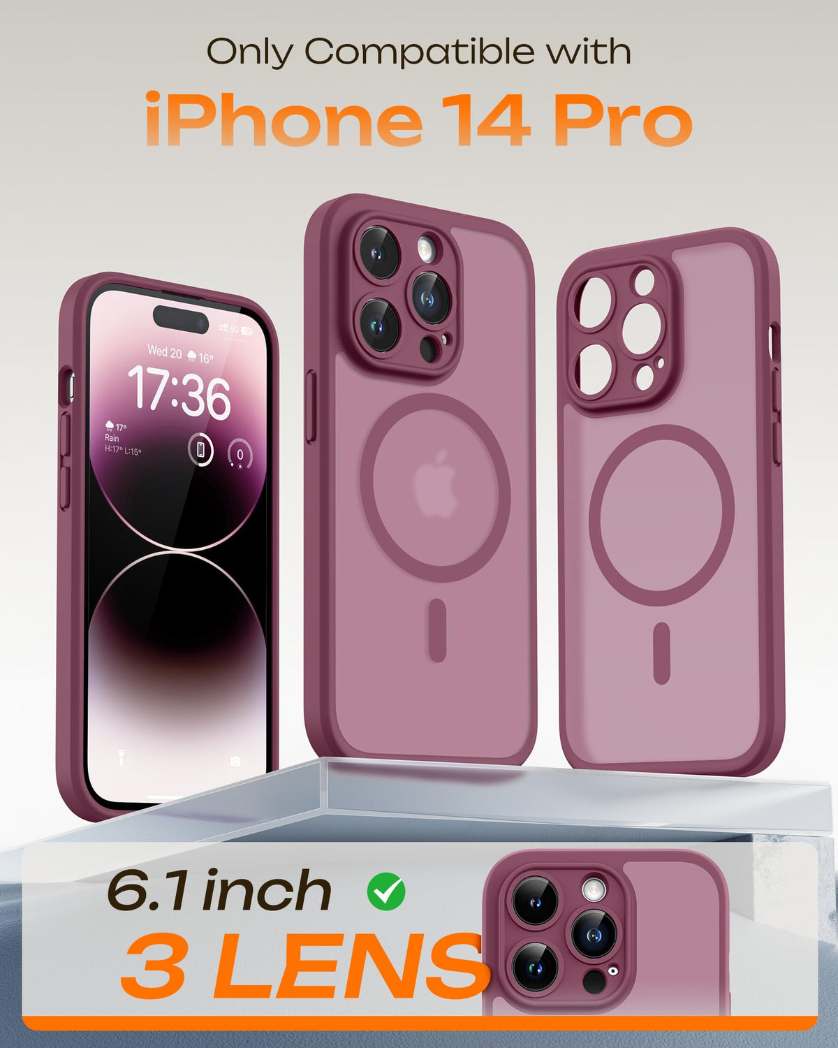 TOCOL for iPhone 14 Pro Case, Compatible with MagSafe, Plum