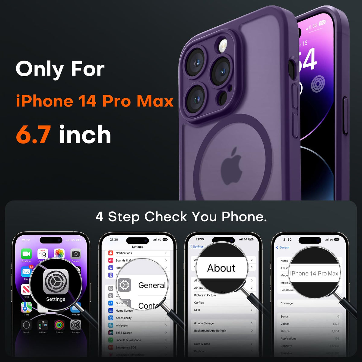 TOCOL Magnetic for iPhone 14 Pro Max Case, Upgraded Full Camera Protection, Compatible with Magsafe, Drop Protection, Translucent Matte Back Bumper Phone Cover 6.7-Inch（Midnight Purple）