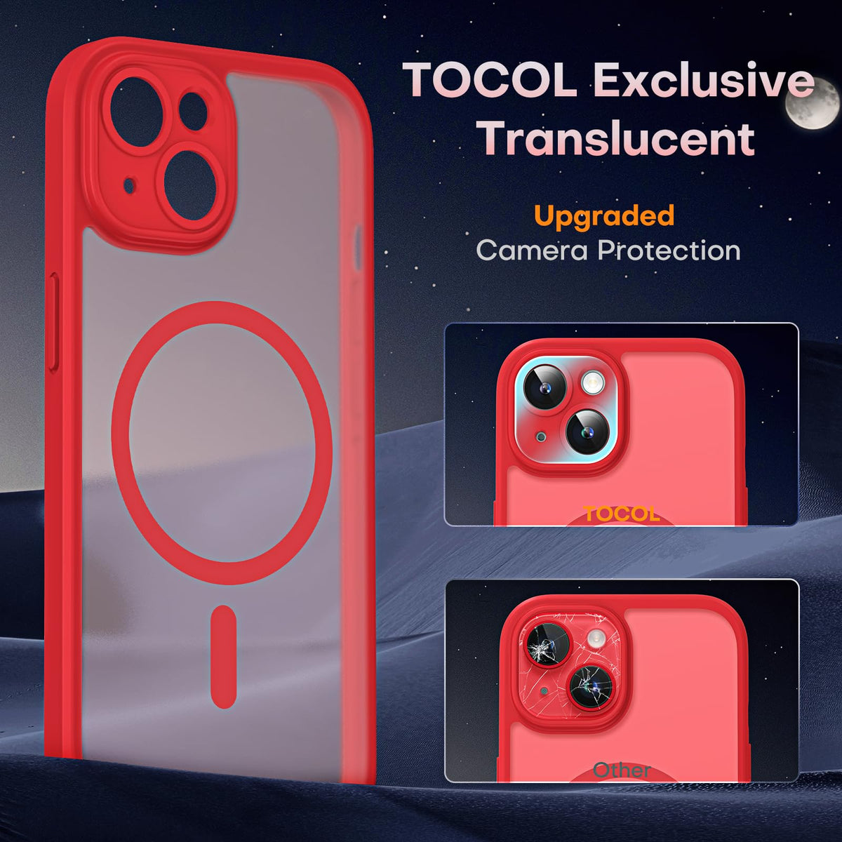 TOCOL Magnetic for iPhone 14 Case 6.1-Inch, Fit for MagSafe, Upgraded [Full Camera Protection], [14FT Military Grade Drop Tested] Shockproof Slim Translucent Matte Back Cover (Red)