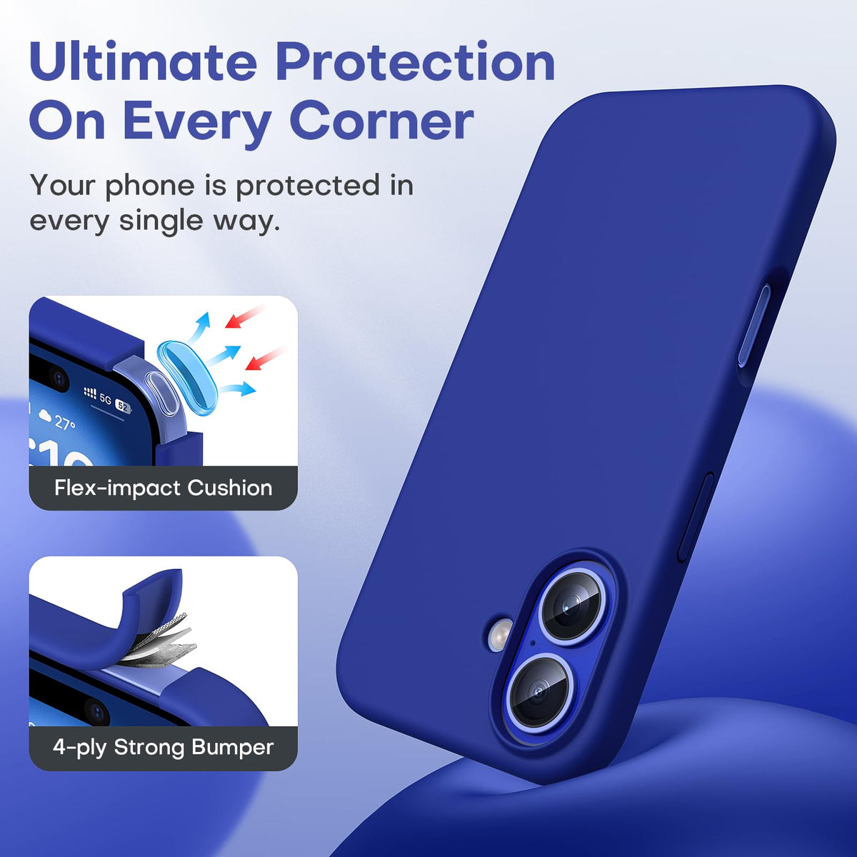 TOCOL Silicone Case for iPhone 16, Shockproof, Anti-Slip, Anti-Fingerprint, Scratch-Resistant Mobile Phone Case for iPhone 16, Ultramarine