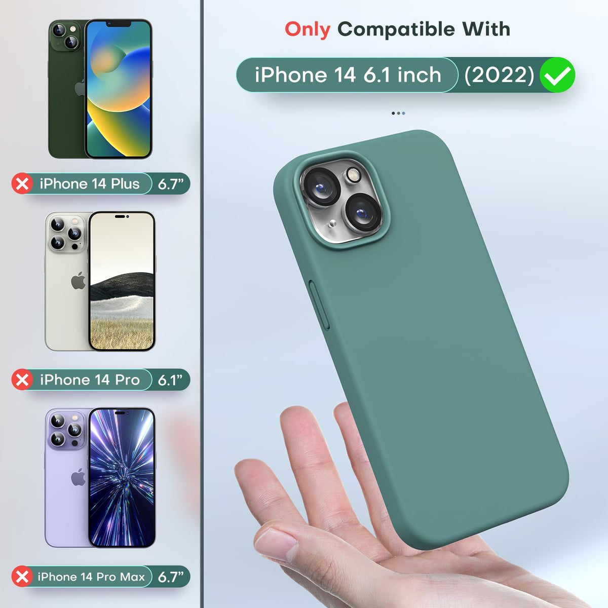 TOCOL for iPhone 14 Case, Slim Silicone Case for 14 6.1 Inch, Precise Fit, Anti-Slip, Drop Protection, Midnight Green