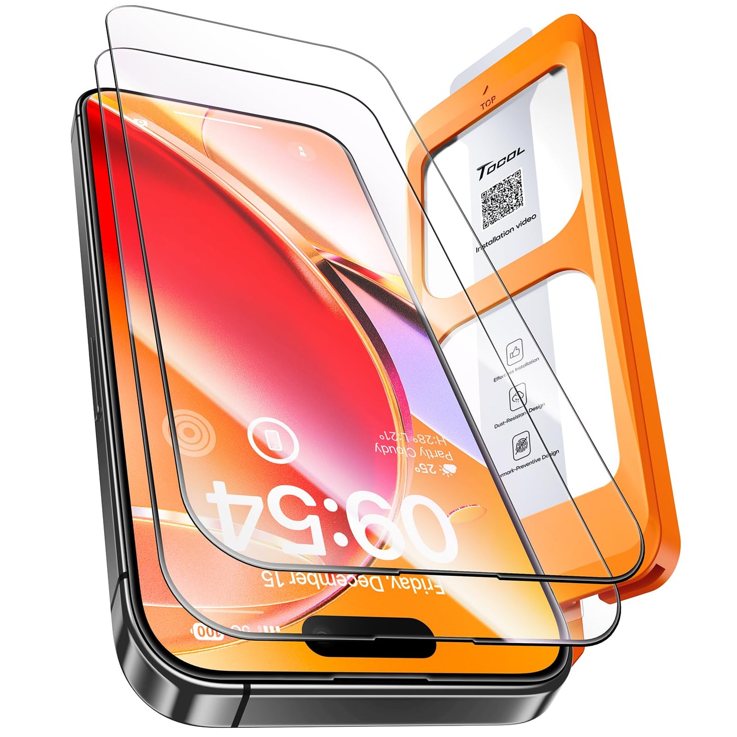TOCOL 2 Pack Screen Protector for iPhone 17 Pro/iPhone 16 Pro 6.3-Inch, Instant Installation, Tempered Glass HD Clear, Military Grade Shatterproof, Case Friendly, Full Coverage Protection