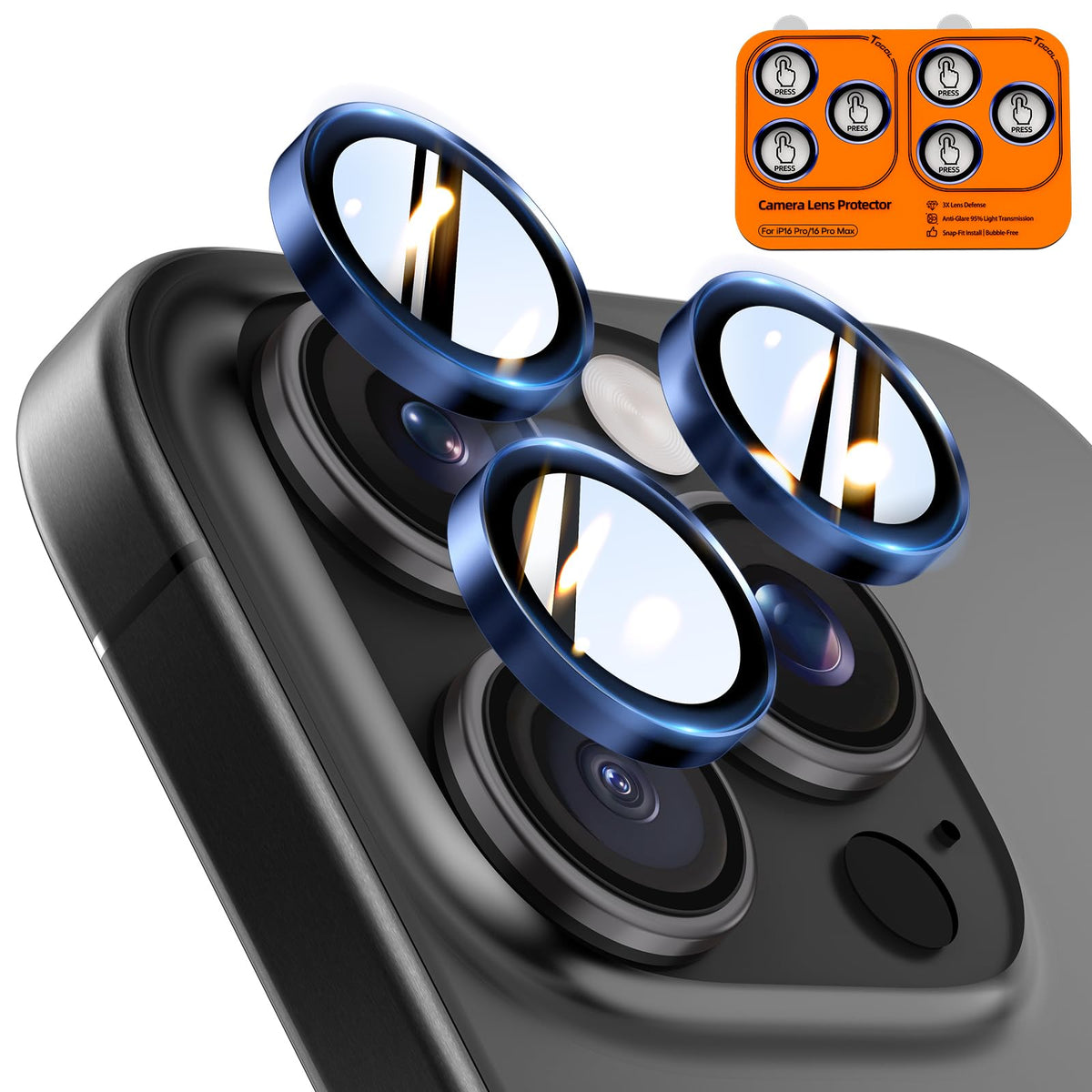 TOCOL for iPhone 16 Pro Max Camera Lens Protector/iPhone 16 Pro Camera Lens Protector Tempered Glass HD Individual Scratch Resistant Cover Accessories Case Friendly 2 Pack（Dark Blue）