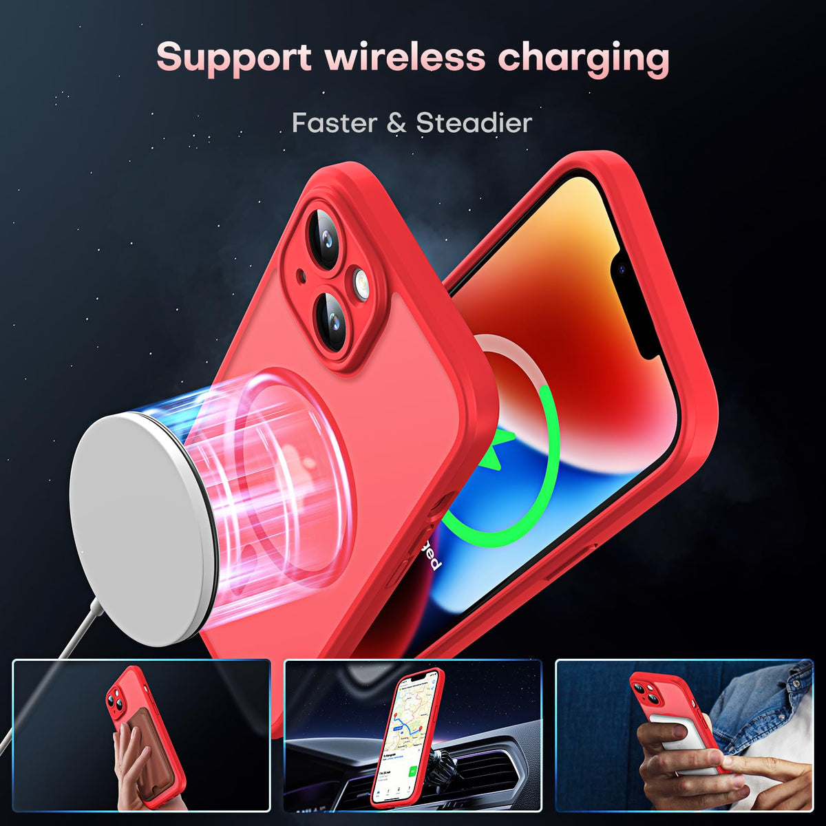 TOCOL Magnetic for iPhone 14 Case 6.1-Inch, Fit for MagSafe, Upgraded [Full Camera Protection], [14FT Military Grade Drop Tested] Shockproof Slim Translucent Matte Back Cover (Red)
