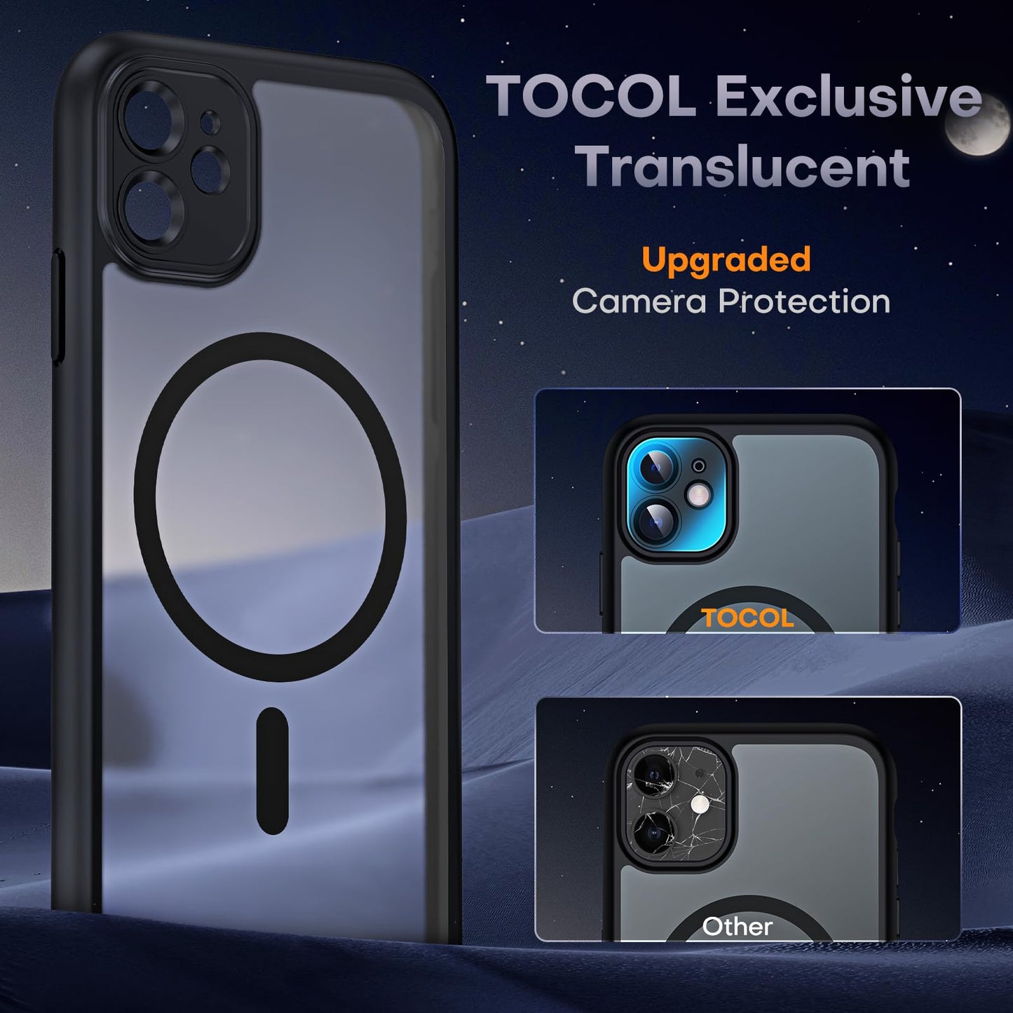 TOCOL for iPhone 11 Case, Fit for MagSafe, Upgraded Full Camera Protection, 14FT Military Grade Shockproof Magnetic Thin Slim Frosted Translucent Matte Back Phone Cover (Black)