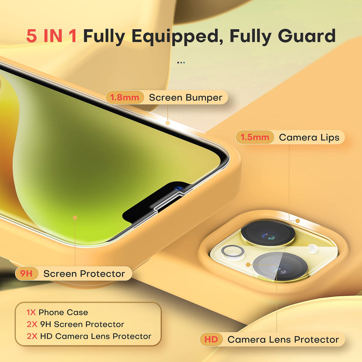 TOCOL 5 in 1 for iPhone 14 Case, with 2 Pack Screen Protector + 2 Pack Camera Lens Protector, Liquid Silicone Phone Case for iPhone 14, Orange