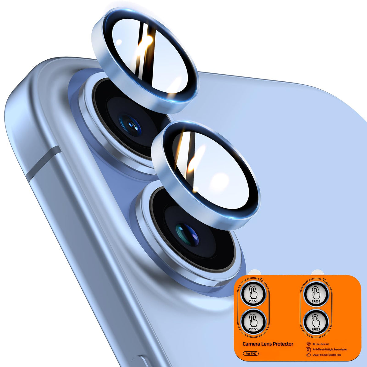 TOCOL Camera Lens Protector for iPhone 17 Tempered Glass HD Individual Scratch Resistant Camera Cover Accessories Case Friendly 2 Pack（Light Blue）