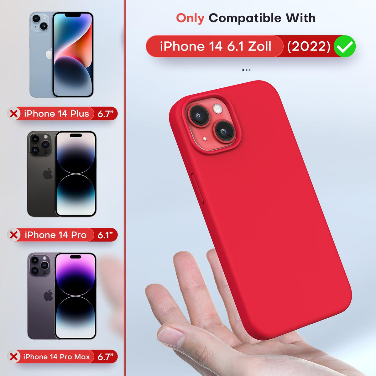 TOCOL for iPhone 14 Case, Slim Silicone Case for 14 6.1 Inch, Precise Fit, Anti-Slip, Drop Protection, Red