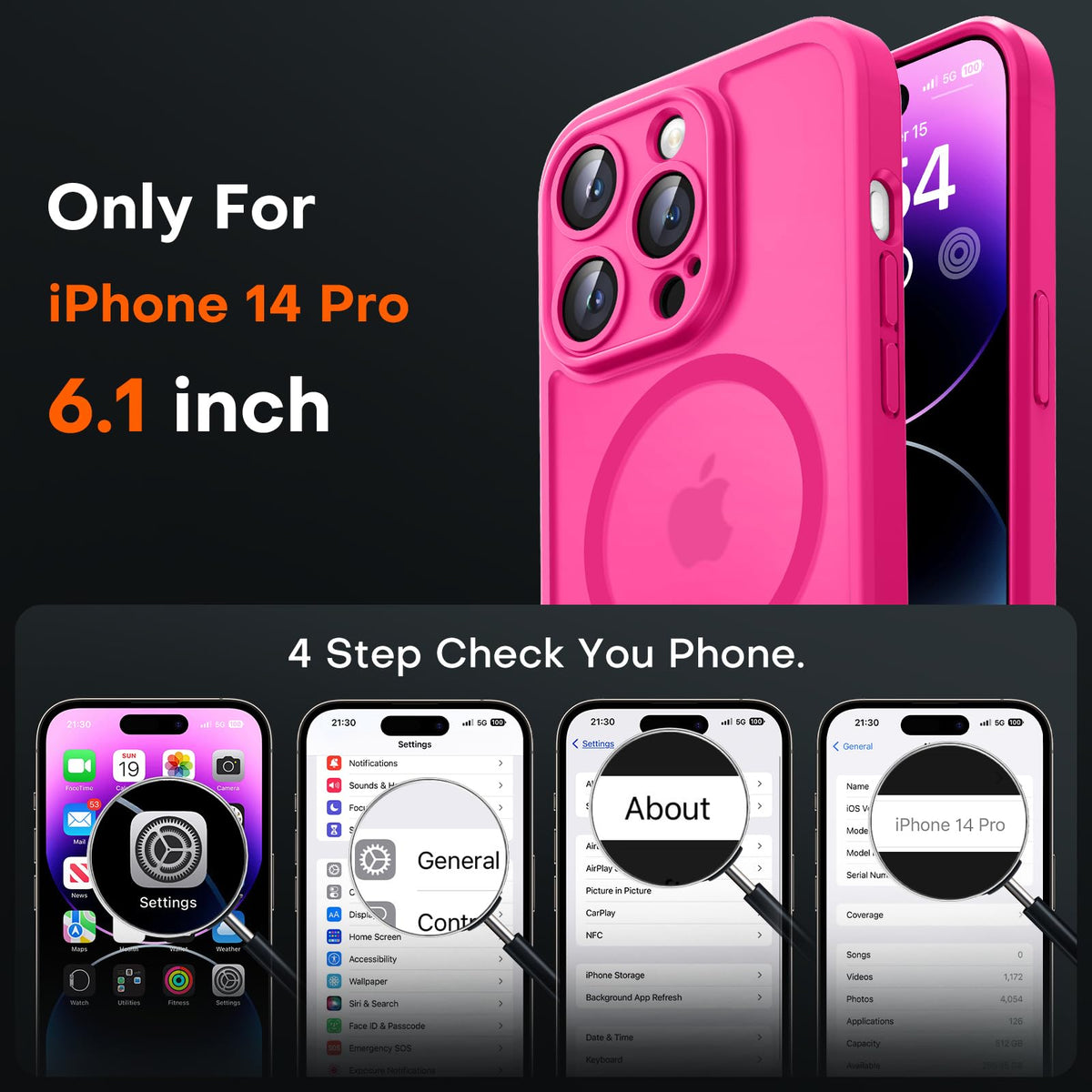 TOCOL for iPhone 14 Pro Case, Compatible with MagSafe, Hot Pink