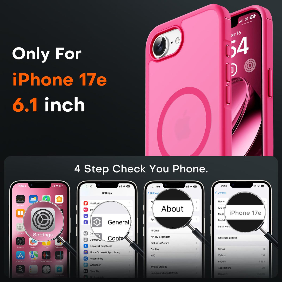 TOCOL for iPhone 17e Case, Compatible with MagSafe, Hot Pink