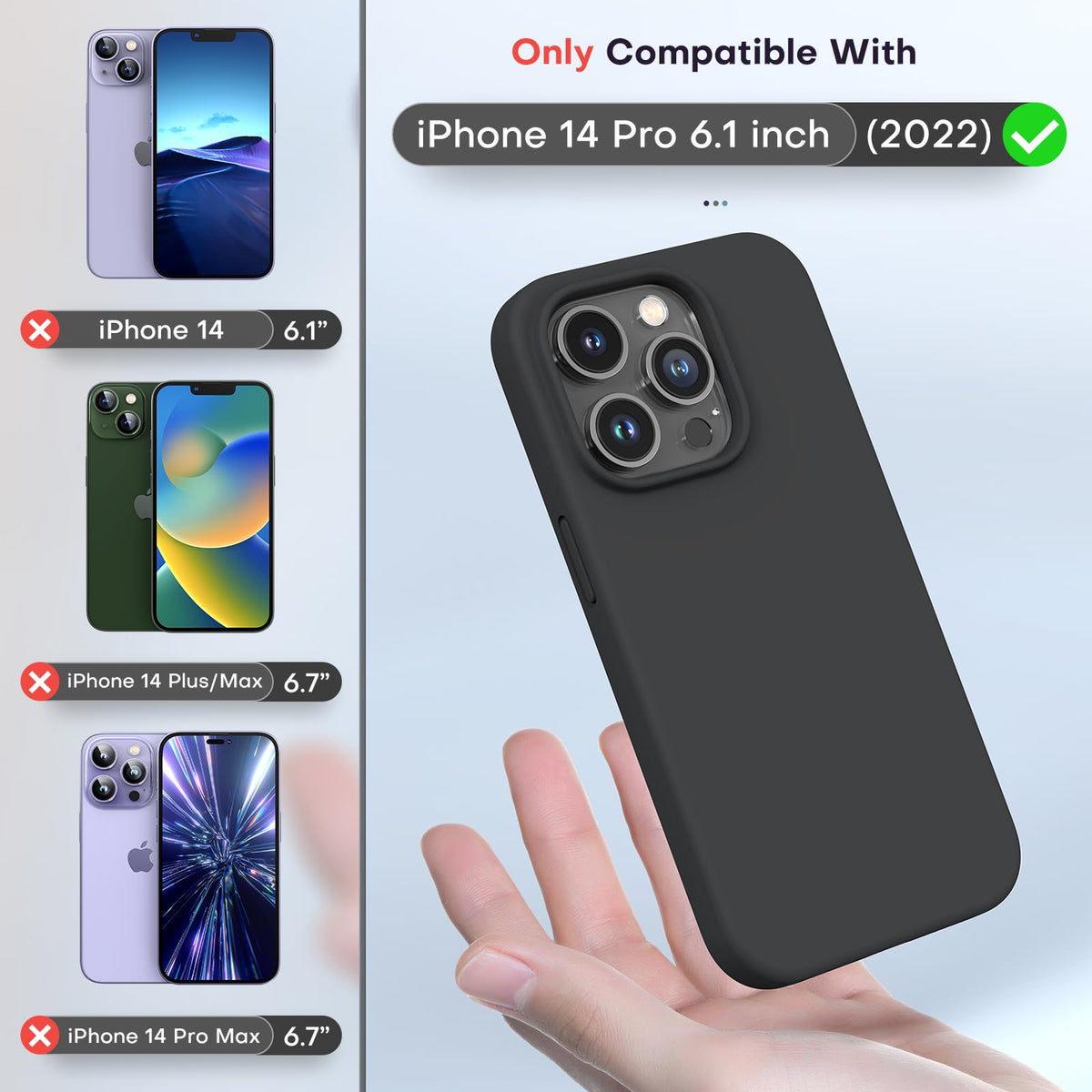 TOCOL for iPhone 14 Pro Case, Slim Silicone Case for 14 Pro 6.1 Inch, Precise Fit, Anti-Slip, Drop Protection, Black