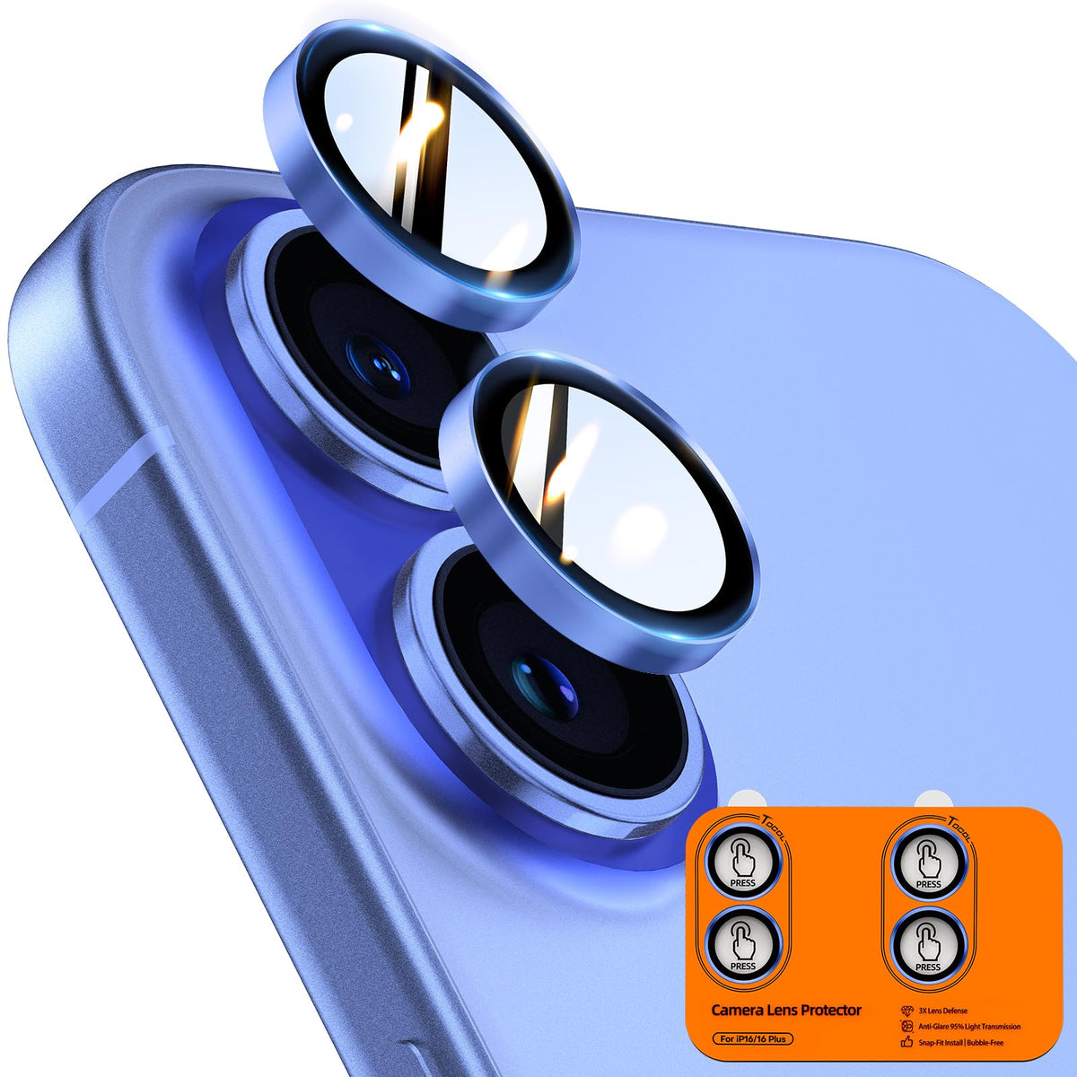TOCOL Camera Lens Protector for iPhone 16 / iPhone 16 Plus Tempered Glass HD Individual Scratch Resistant Camera Cover Accessories Case Friendly 2 Pack（Blue）