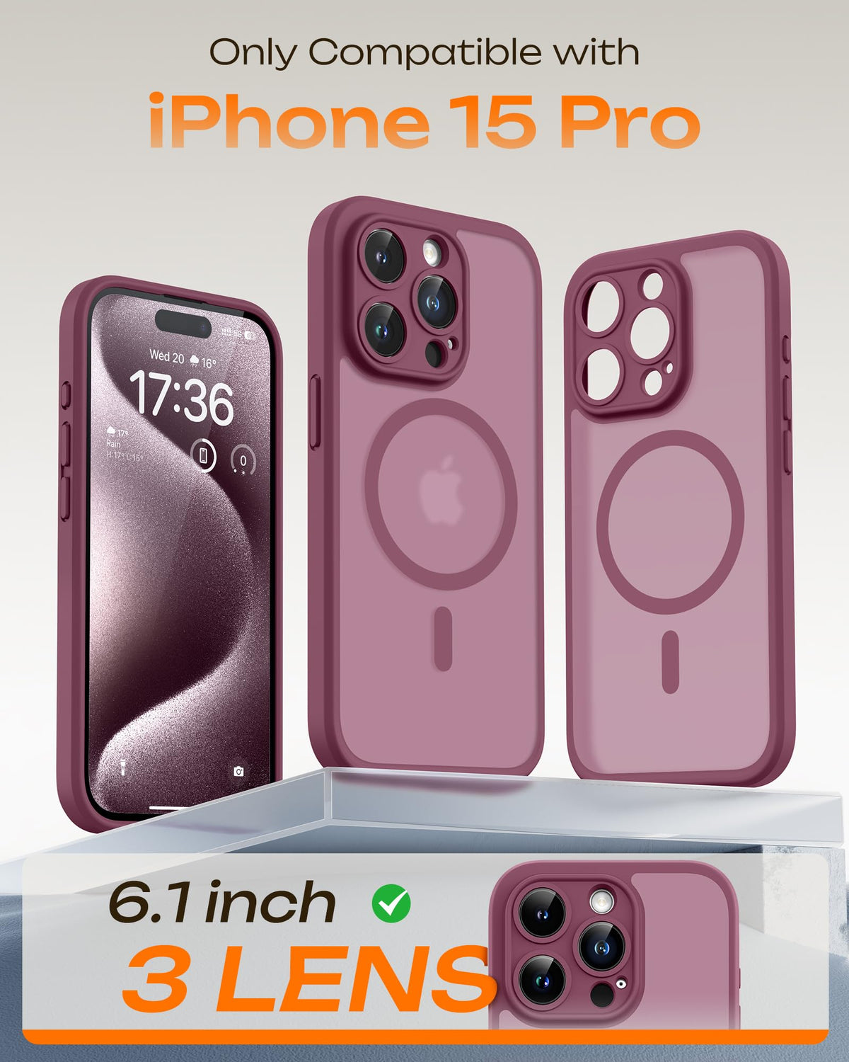 TOCOL for iPhone 15 Pro Case, Compatible with MagSafe, Plum