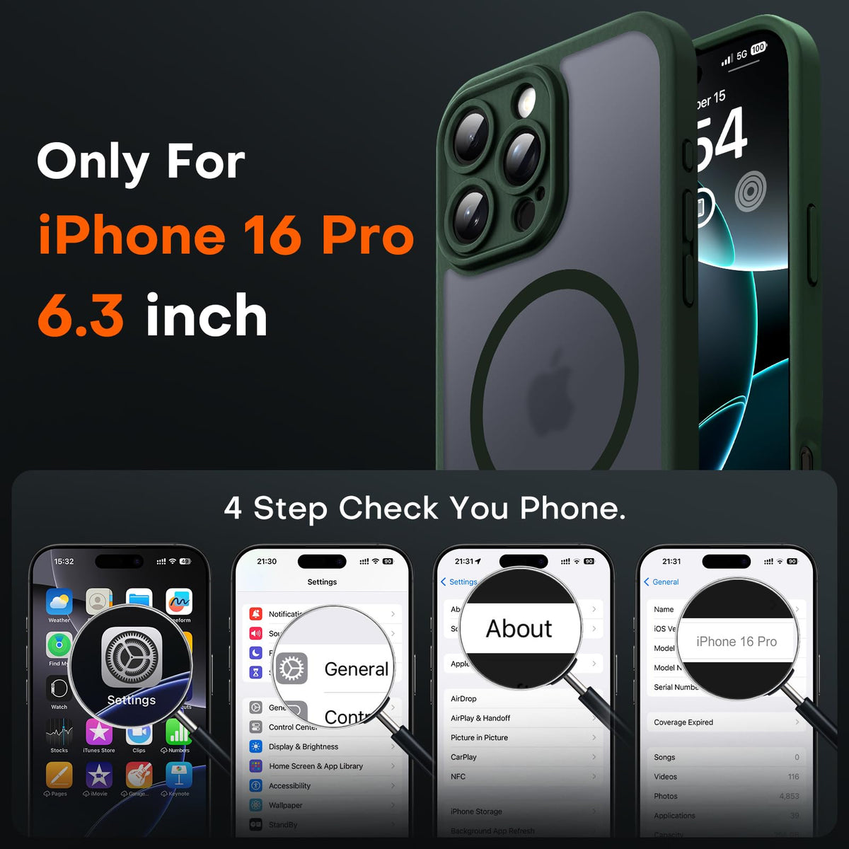 TOCOL Magnetic for iPhone 16 Pro Case 6.3-Inch, Fit for MagSafe, Upgraded [Full Camera Protection], [14FT Military Grade Drop Tested] Shockproof Translucent Matte Back Phone Cover (Alpine Green)