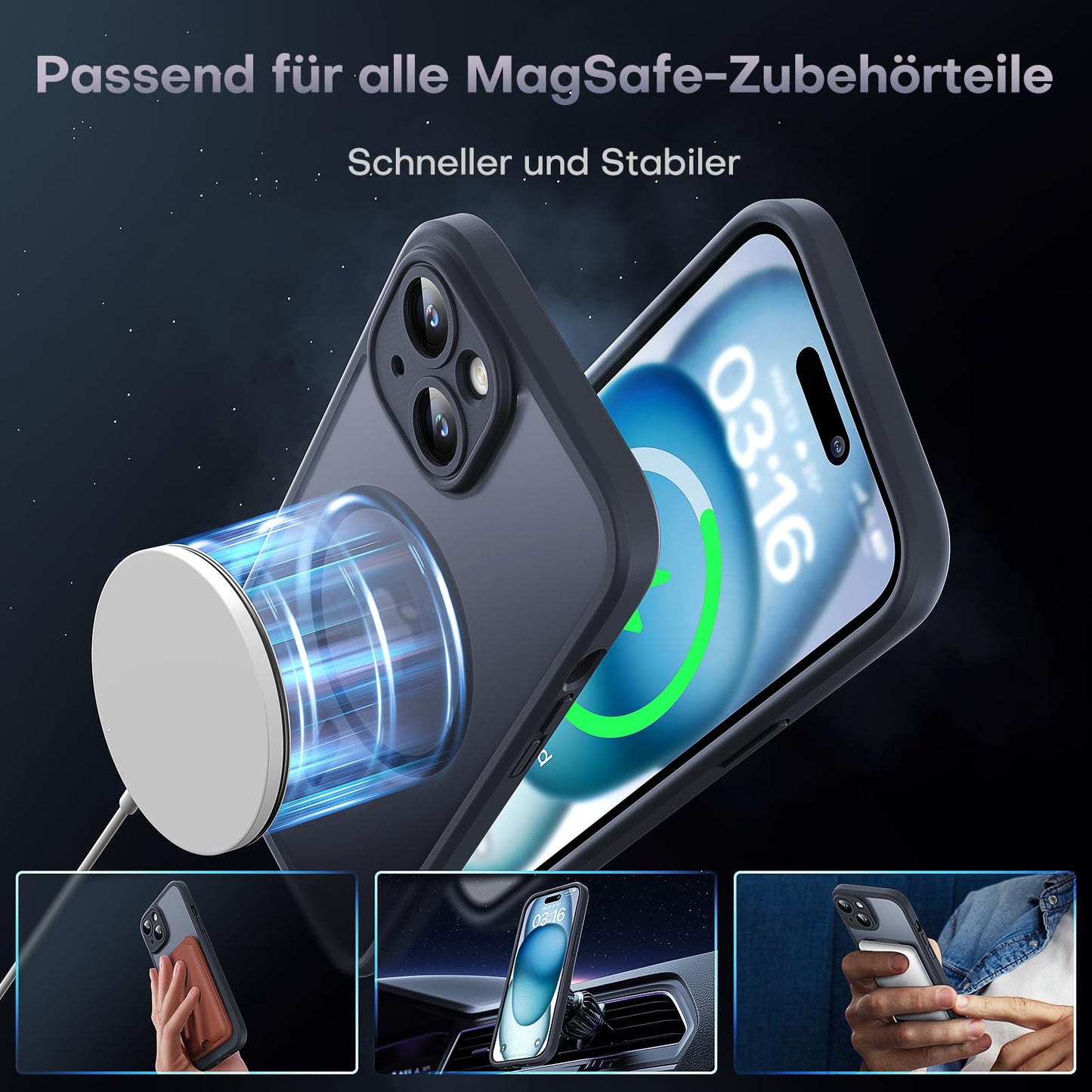 TOCOL Case for iPhone 15, Magsafe, Full Camera Protection, Shockproof, Scratch-Resistant, Translucent Back, Magnetic Mobile Phone Case for iPhone 15, Black