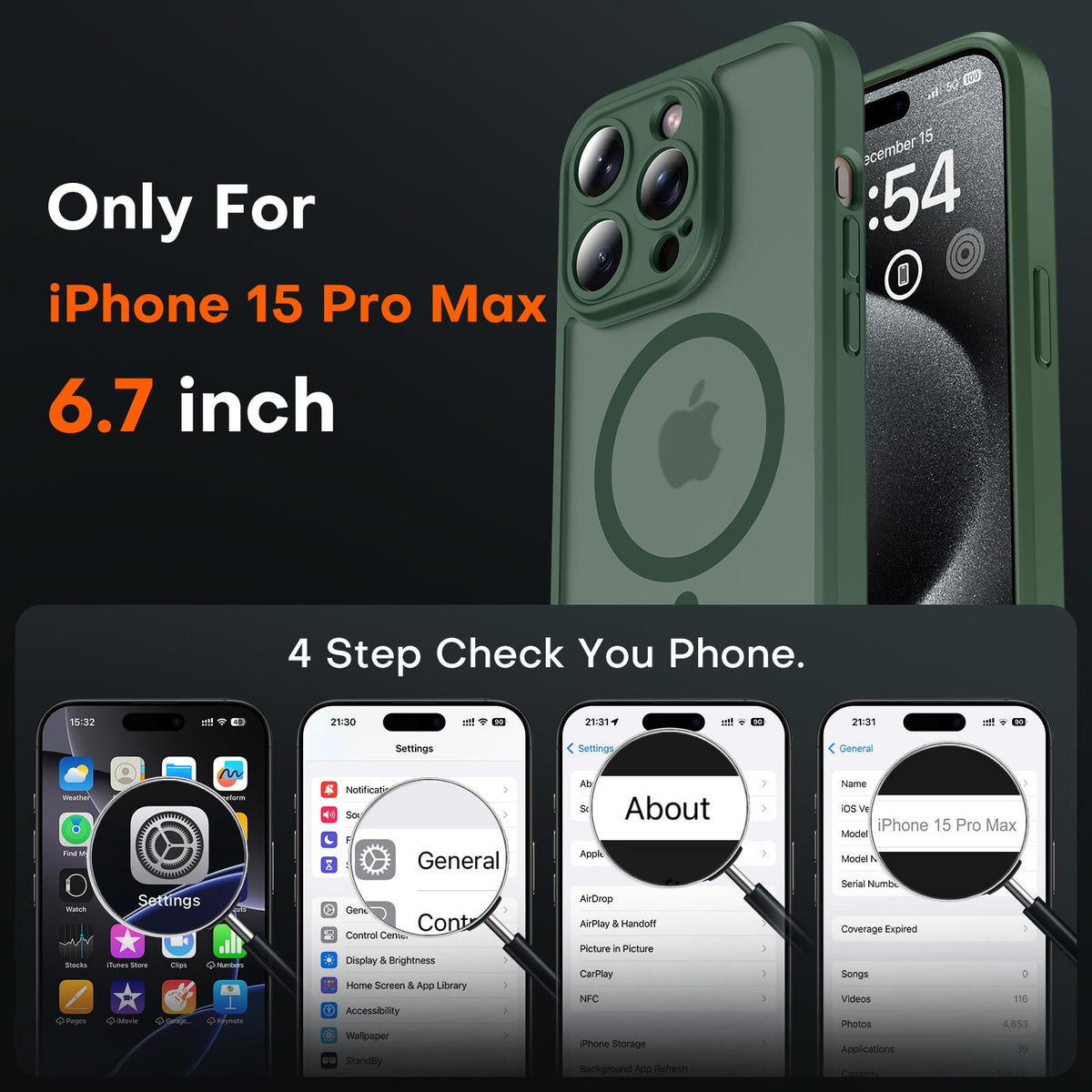 TOCOL for iPhone 15 Pro Max Case, Compatible with MagSafe, Alpine Green