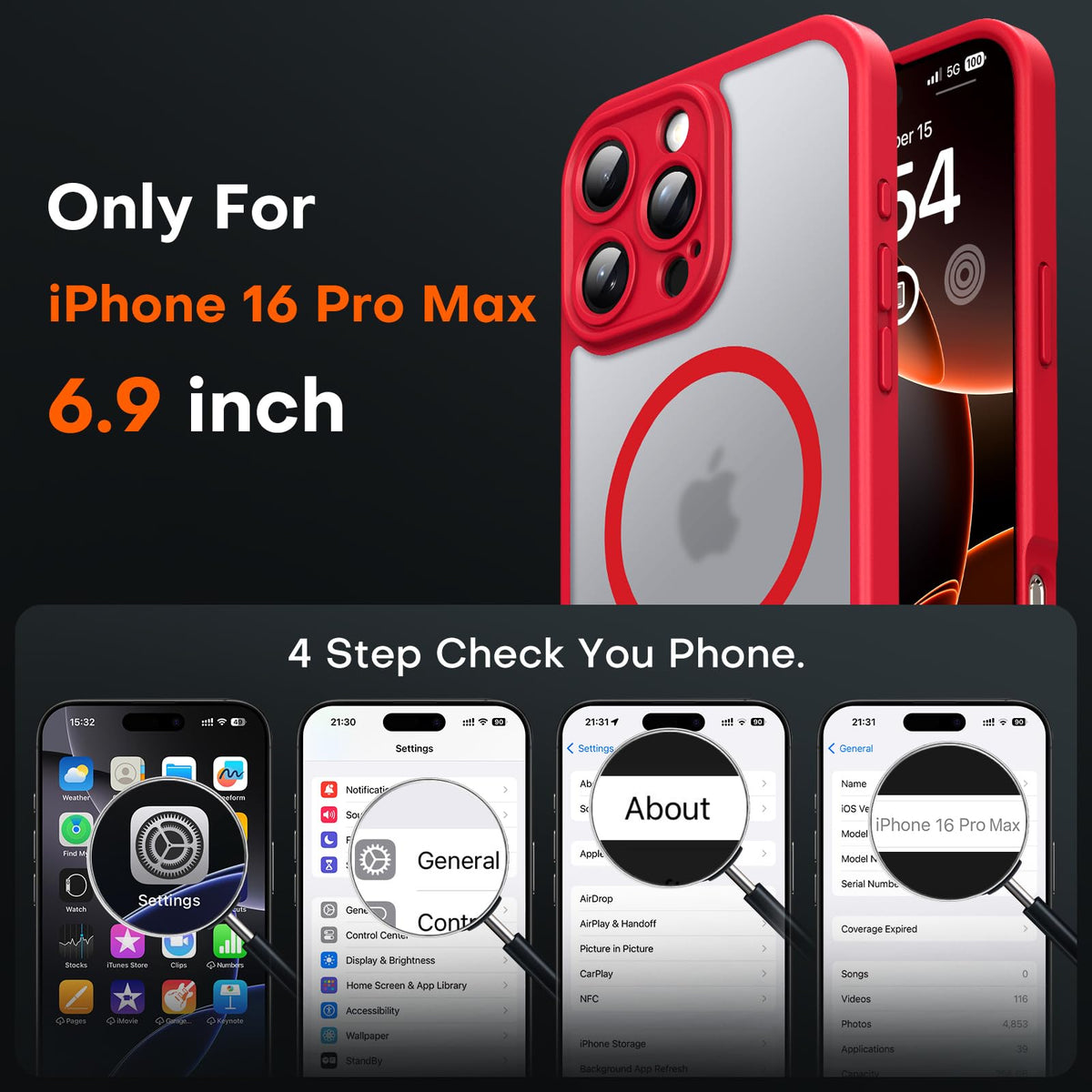 TOCOL 3 in 1 Magnetic Cover for iPhone 16 Pro Max 6.9 Inch with 2 Tempered Glass, Compatible with MagSafe [Integrated Camera Protection] Shockproof Translucent Matte Case, Red