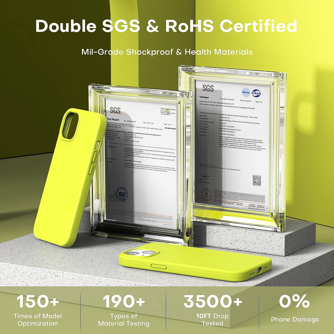 TOCOL 5 in 1 for iPhone 13 Case, with 2 Pack Screen Protector + 2 Pack Camera Lens Protector, Liquid Silicone Phone Case for iPhone 13, Fluorescent Yellow