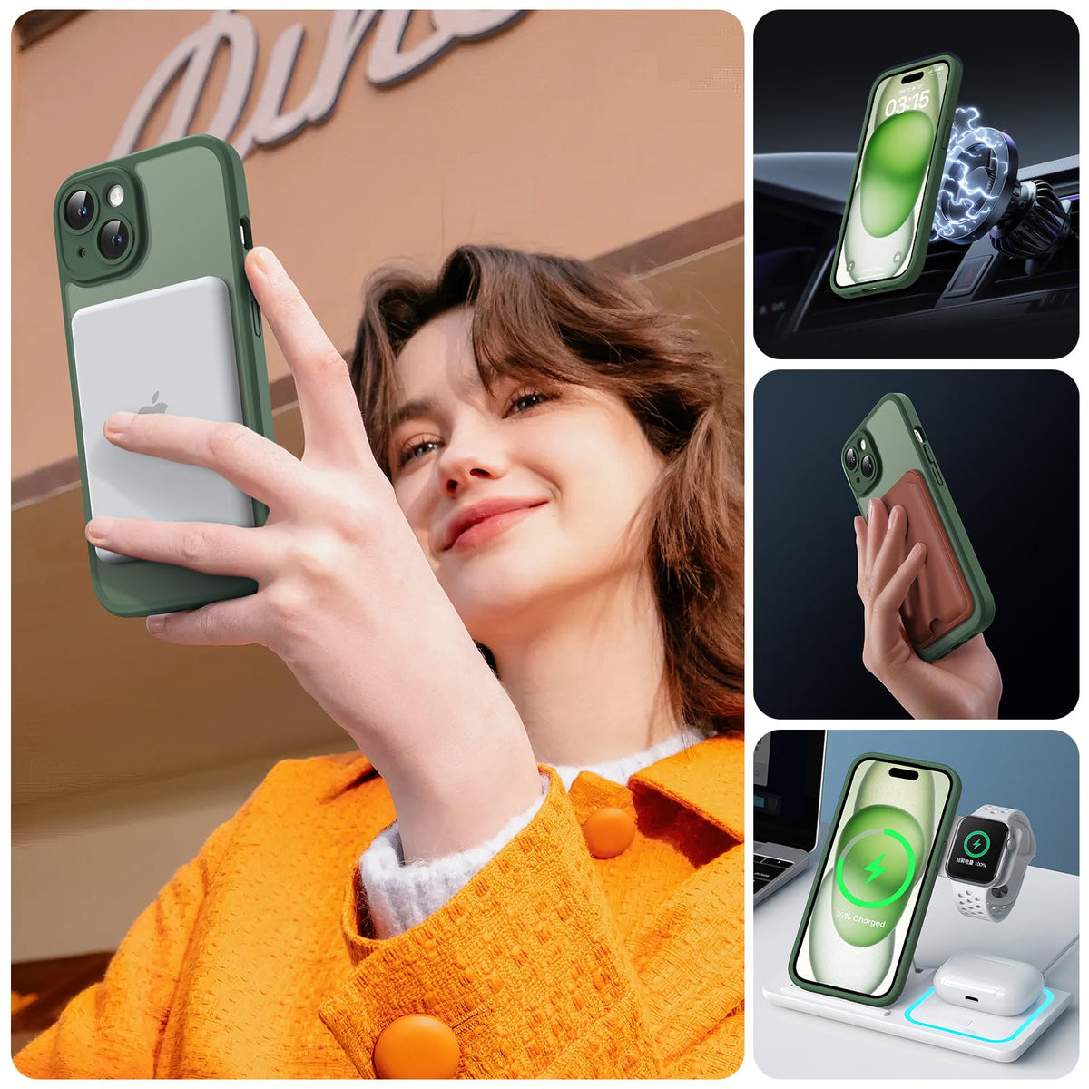 TOCOL for iPhone 15 Case, Compatible with MagSafe, Alpine Green