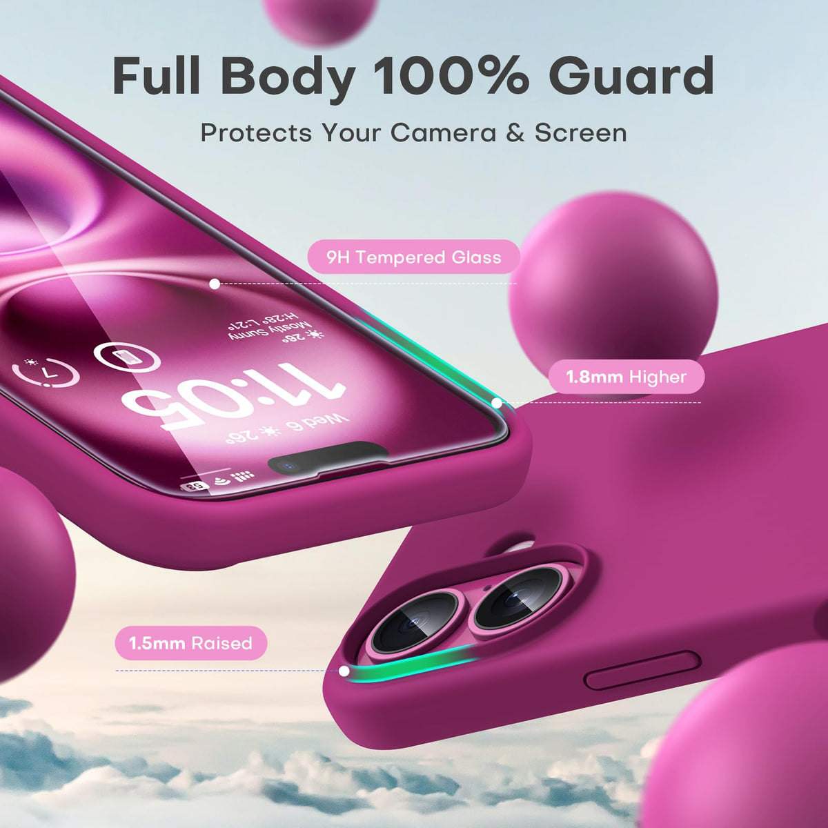 TOCOL 3 in 1 Silicone for iPhone 16 Case 6.1-Inch, with 2 Pack HD Tempered Glass Screen Protector, Liquid Silicone Slim Silky-Soft Touch [Multi-Color] [Anti-Scratch] Shockproof Cover, Hot Pink