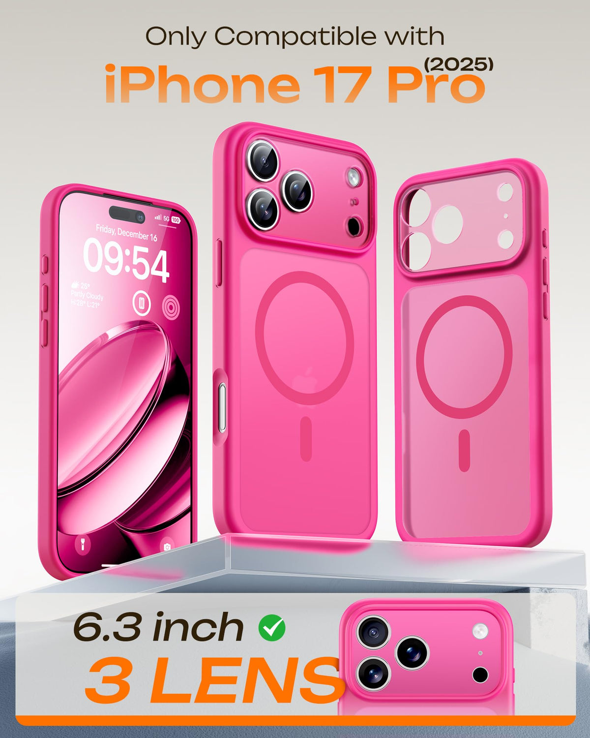 TOCOL for iPhone 17 Pro Case, Compatible with MagSafe, Hot Pink
