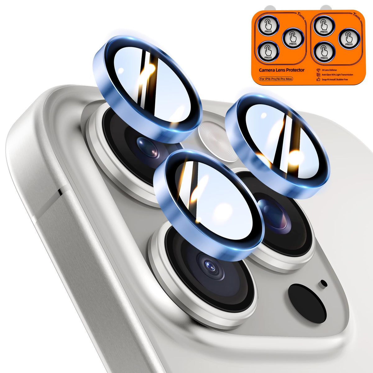 TOCOL for iPhone 16 Pro Max Camera Lens Protector/iPhone 16 Pro Camera Lens Protector Tempered Glass HD Individual Scratch Resistant Cover Accessories Case Friendly 2 Pack（Light Blue）