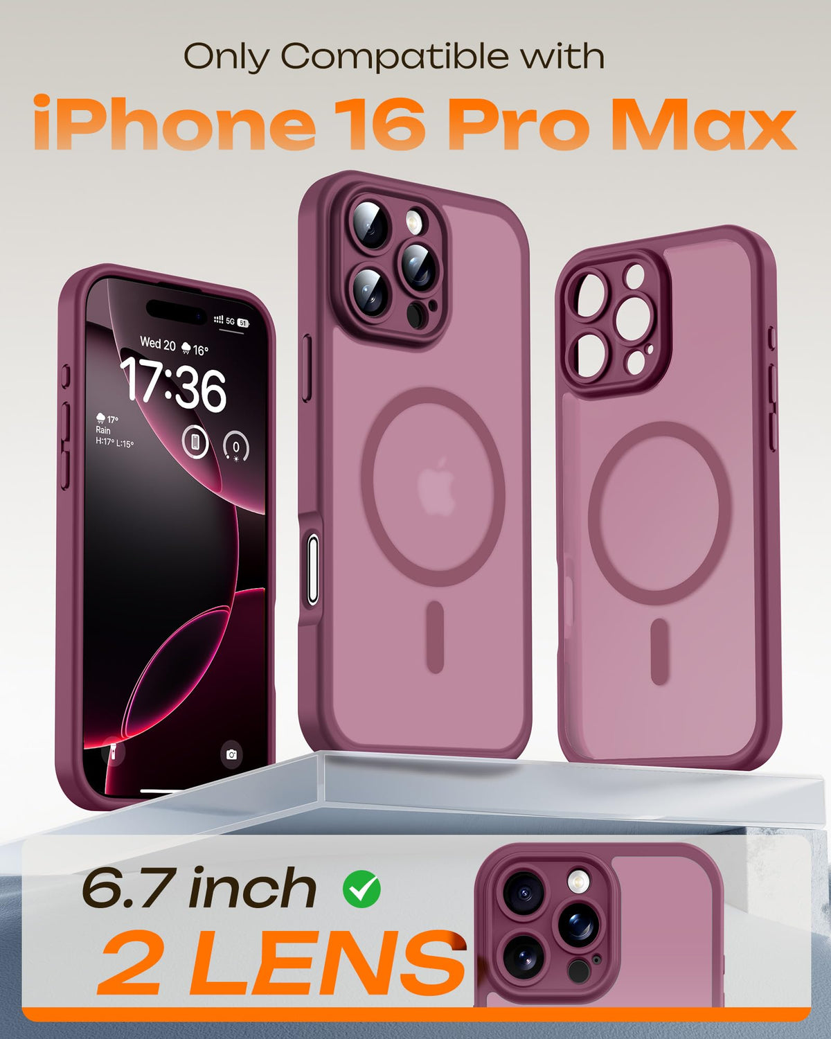 TOCOL for iPhone 16 Pro Max Case, Compatible with MagSafe, Plum