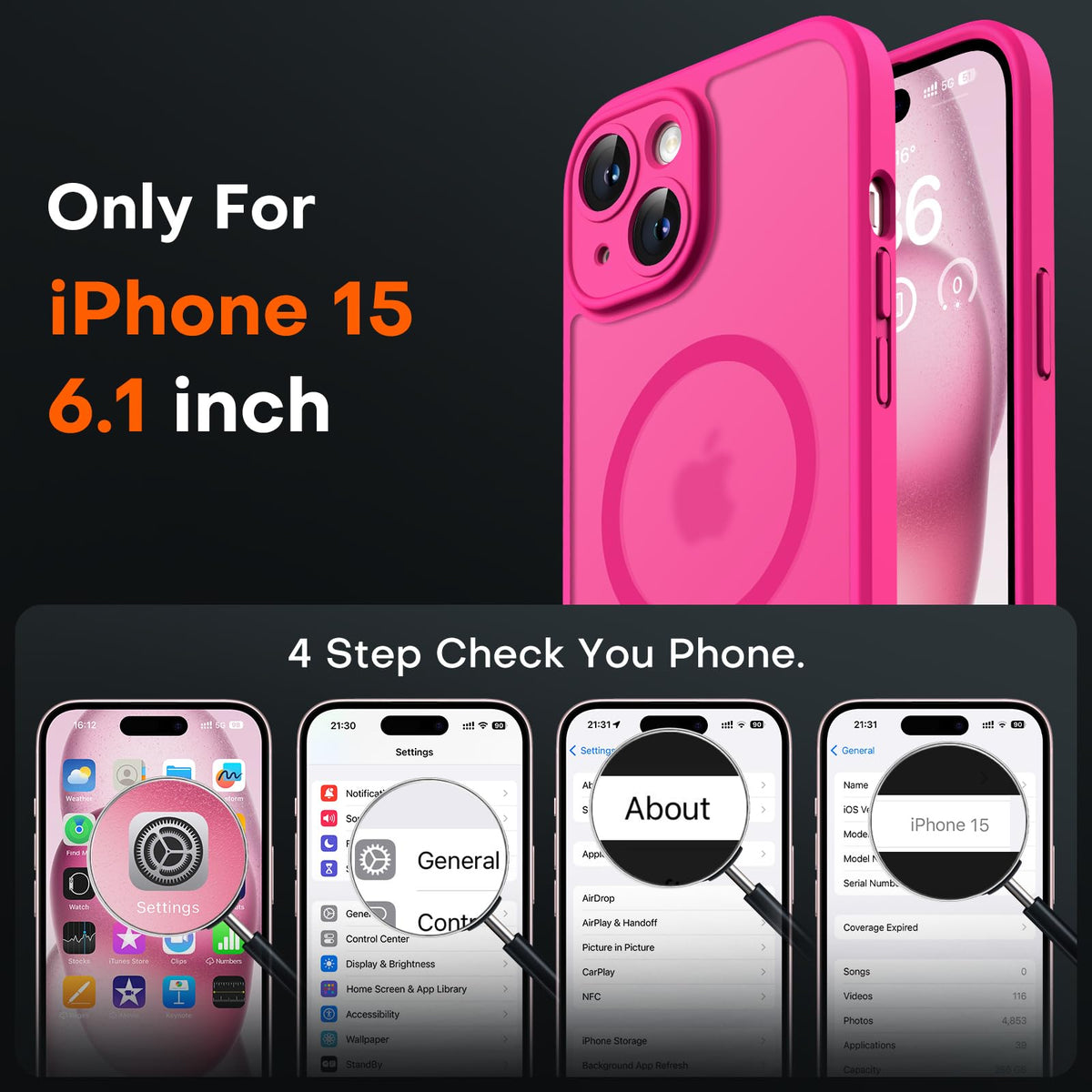 TOCOL for iPhone 15 Case, Compatible with MagSafe, Hot Pink