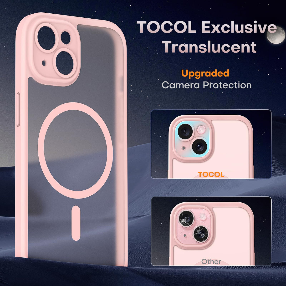 TOCOL 3 in 1 Magnetic for iPhone 15 Plus Case, Upgraded [Full Camera Protection] with 2 Screen Protector, Fit for MagSafe, [Military Grade Drop Tested] Slim Translucent Matte Back Cover 6.7", Pink