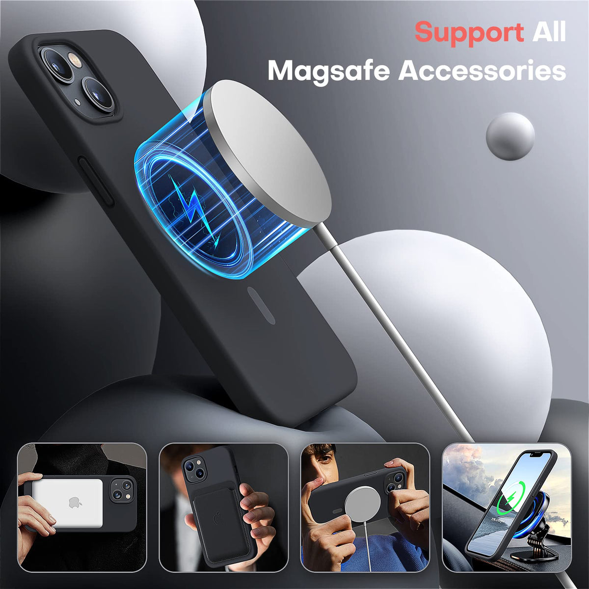 TOCOL for iPhone 13 Case, Slim Silicone Case for iPhone 13 6.1 Inch, Precise Fit, Anti-Slip, Drop Protection, Black-Magsafe