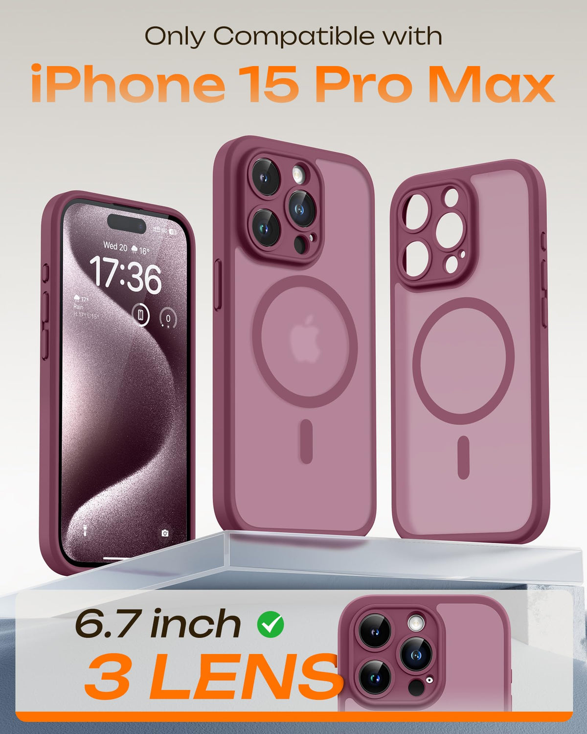 TOCOL for iPhone 15 Pro Max Case, Compatible with MagSafe, Plum