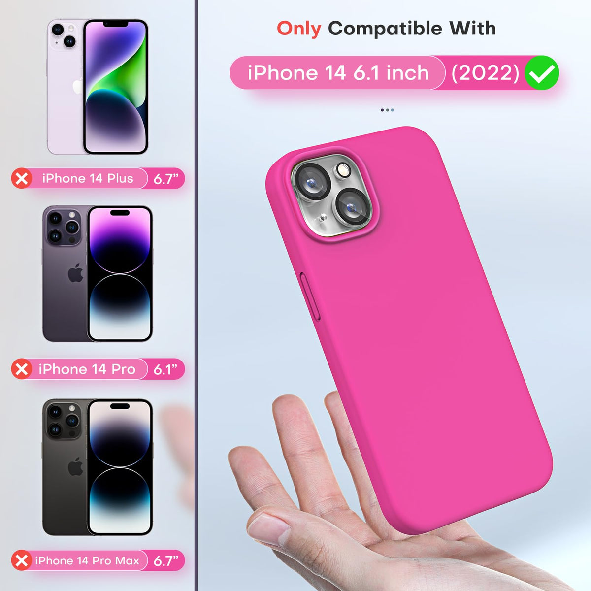 TOCOL 5 in 1 for iPhone 14 Case, with 2 Pack Screen Protector + 2 Pack Camera Lens Protector, Liquid Silicone Phone Case for iPhone 14, Hot Pink