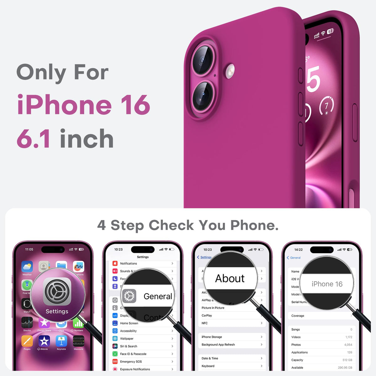 TOCOL 3 in 1 Silicone for iPhone 16 Case 6.1-Inch, with 2 Pack HD Tempered Glass Screen Protector, Liquid Silicone Slim Silky-Soft Touch [Multi-Color] [Anti-Scratch] Shockproof Cover, Hot Pink