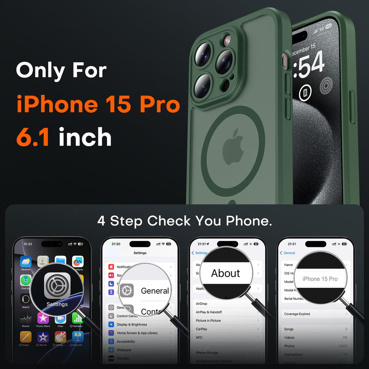 TOCOL for iPhone 15 Pro Case, Compatible with MagSafe, Alpine Green