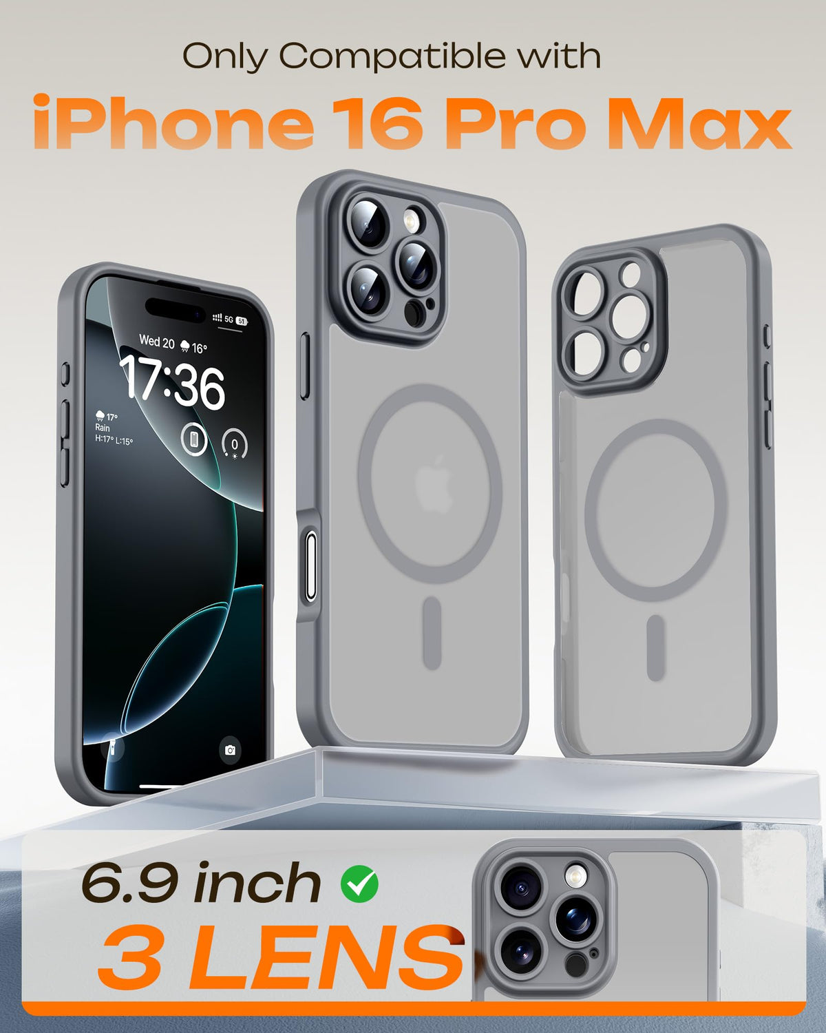 TOCOL Magnetic for iPhone 16 Pro Max Case 6.9-Inch, Fit for MagSafe, Upgraded [Full Camera Protection], [14FT Military Grade Drop Tested] Shockproof Translucent Matte Back Phone Cover (Titan Gray)