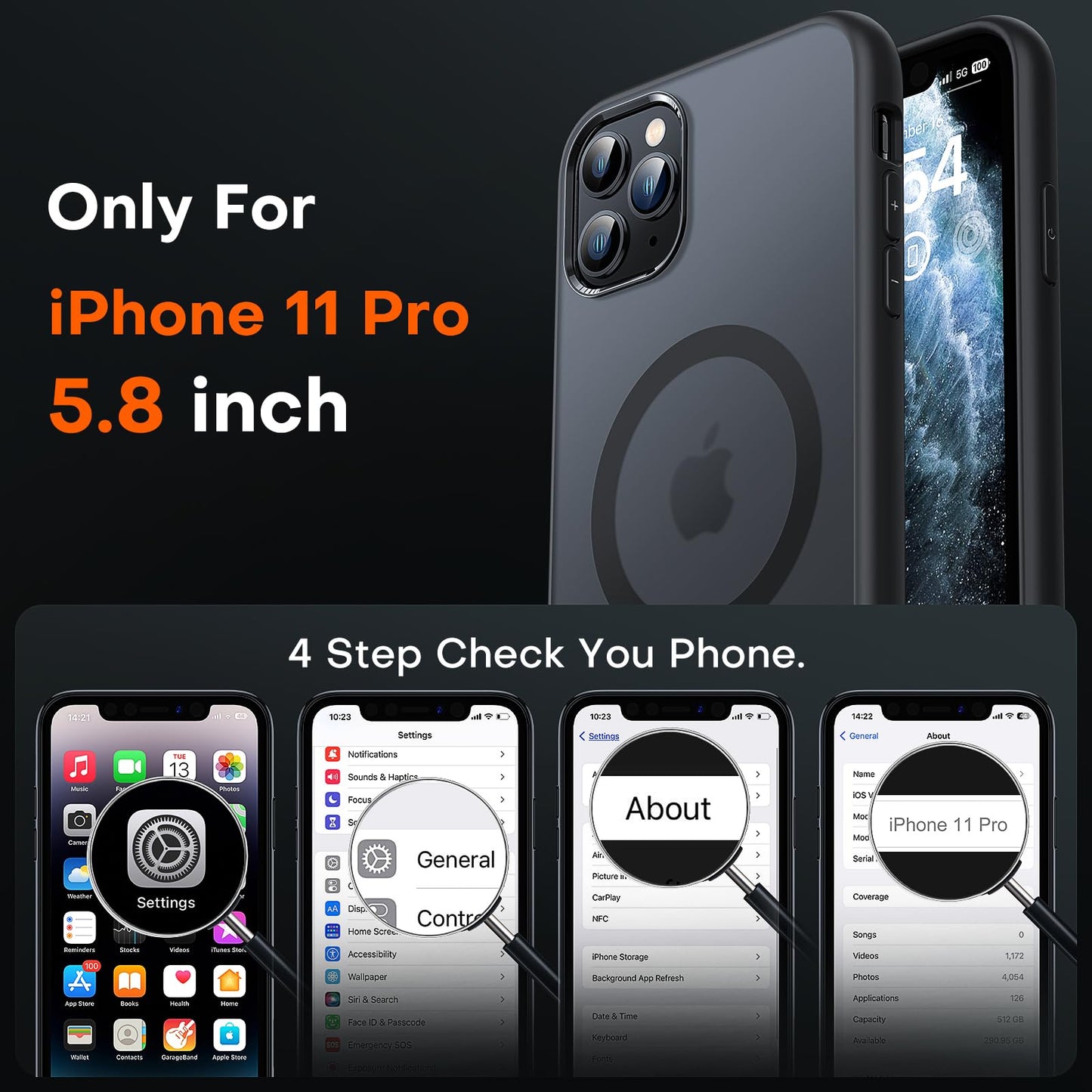 TOCOL For iPhone 11 Pro Case for Magsafe, Shockproof, Anti-Fingerprint, Scratch-Resistant, Translucent Back, Non-Slip, Matt, Magnetic Mobile Phone Case for iPhone 11 Pro, Black