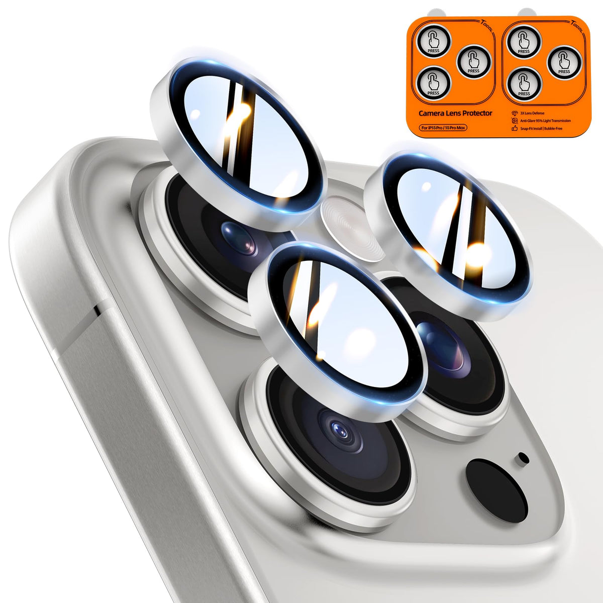 TOCOL for iPhone 15 Pro Max Camera Lens Protector/iPhone 15 Pro Camera Lens Protector Tempered Glass HD Individual Scratch Resistant Cover Accessories Case Friendly 2 Pack（Silvery）
