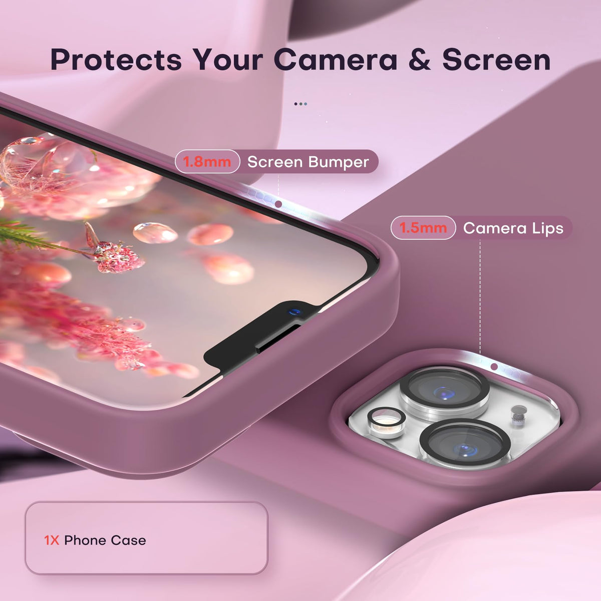 TOCOL 5 in 1 for iPhone 14 Case, with 2 Pack Screen Protector + 2 Pack Camera Lens Protector, Liquid Silicone Phone Case for iPhone 14, Lilac Purple