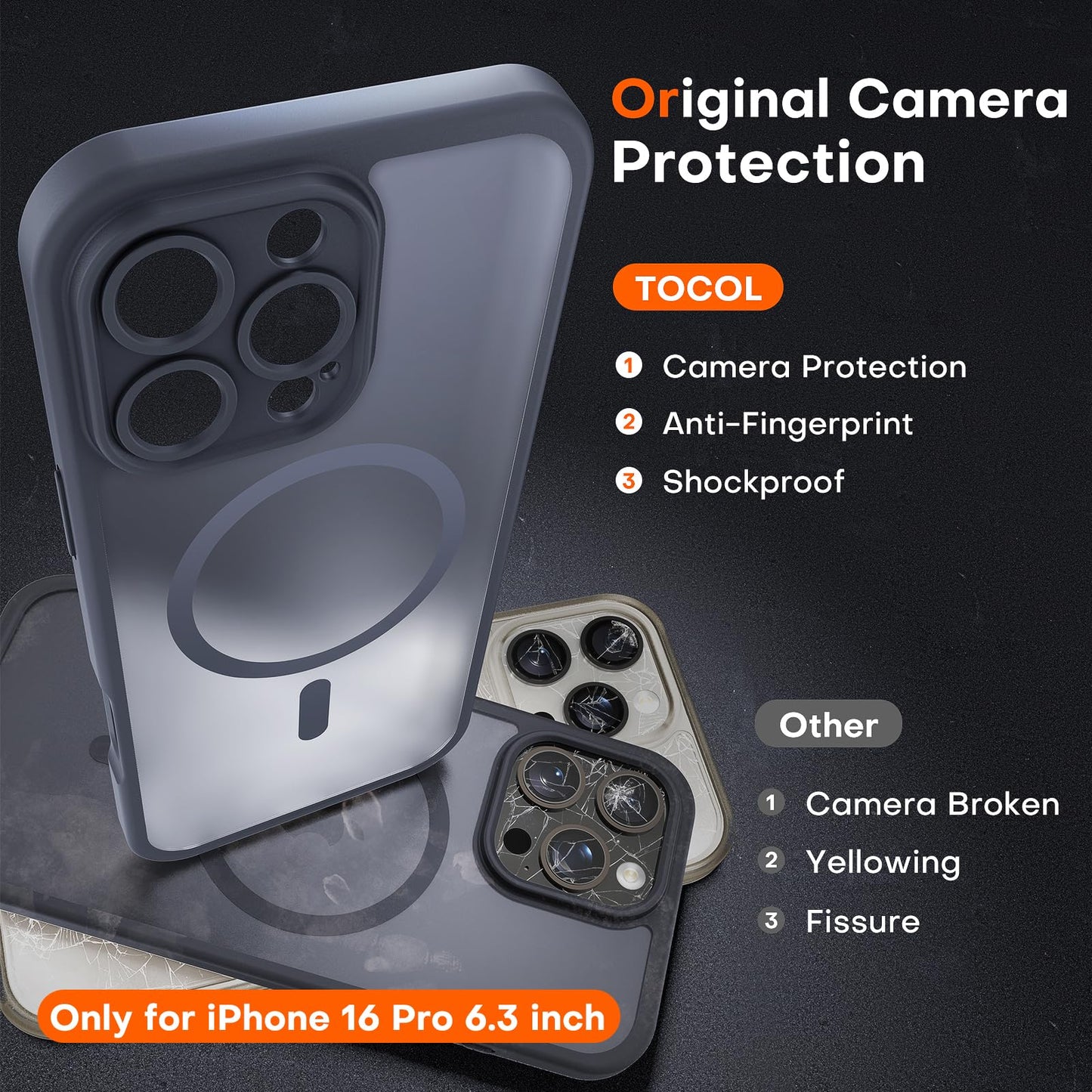 TOCOL for iPhone 16 Pro Case, Compatible with MagSafe, Black