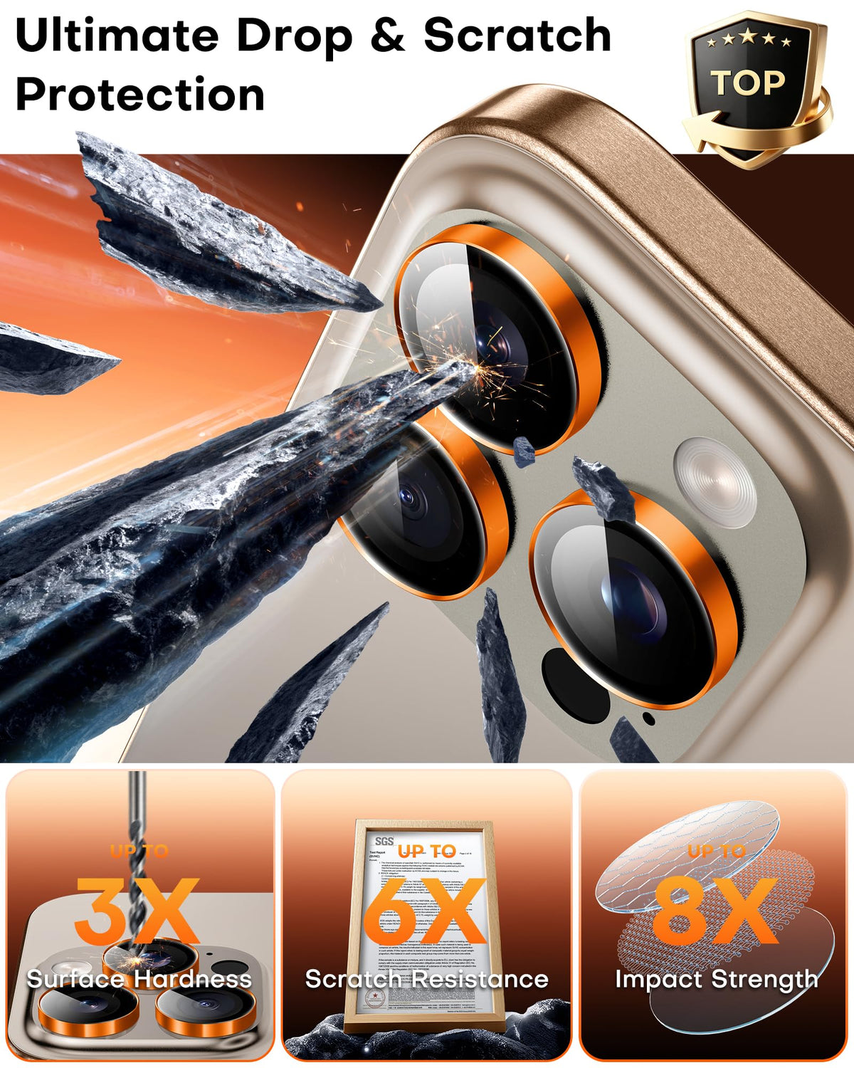 TOCOL for iPhone 16 Pro Max Camera Lens Protector/iPhone 16 Pro Camera Lens Protector Tempered Glass HD Individual Scratch Resistant Cover Accessories Case Friendly 2 Pack（Orange）