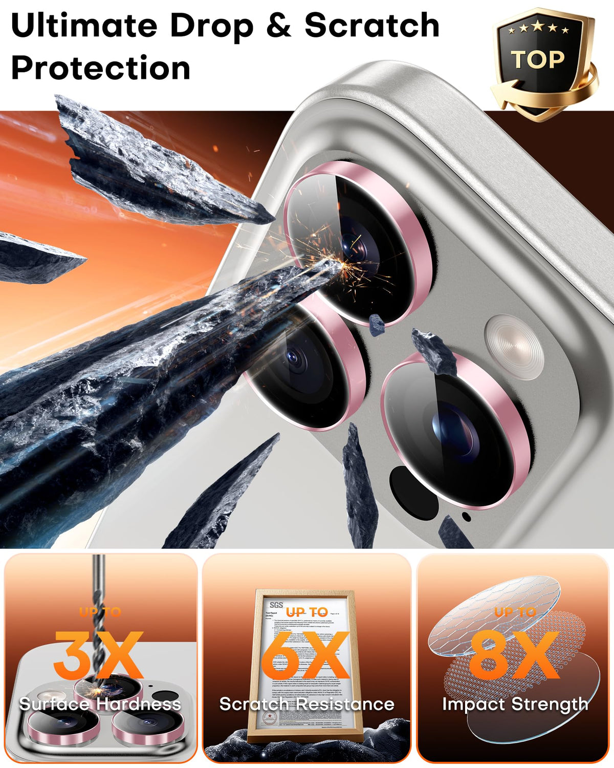 TOCOL for iPhone 16 Pro Max Camera Lens Protector/iPhone 16 Pro Camera Lens Protector Tempered Glass HD Individual Scratch Resistant Cover Accessories Case Friendly 2 Pack（Pink）
