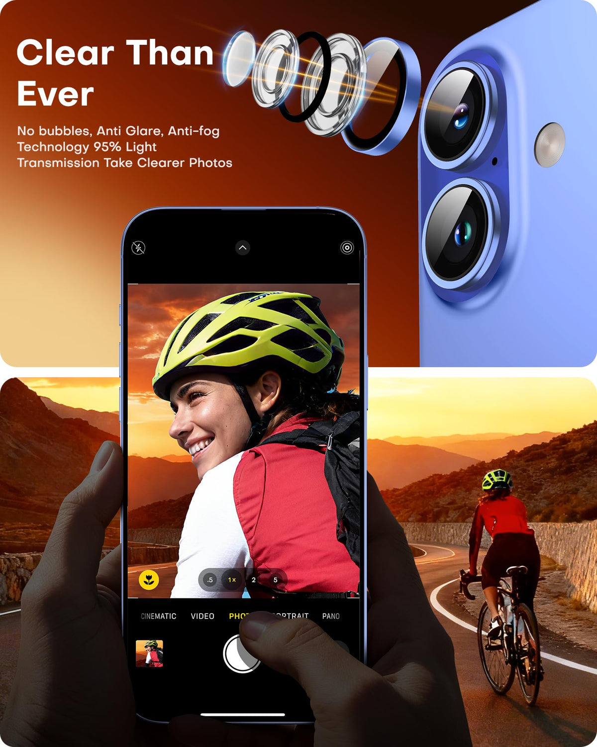 TOCOL Camera Lens Protector for iPhone 16 / iPhone 16 Plus Tempered Glass HD Individual Scratch Resistant Camera Cover Accessories Case Friendly 2 Pack（Blue）