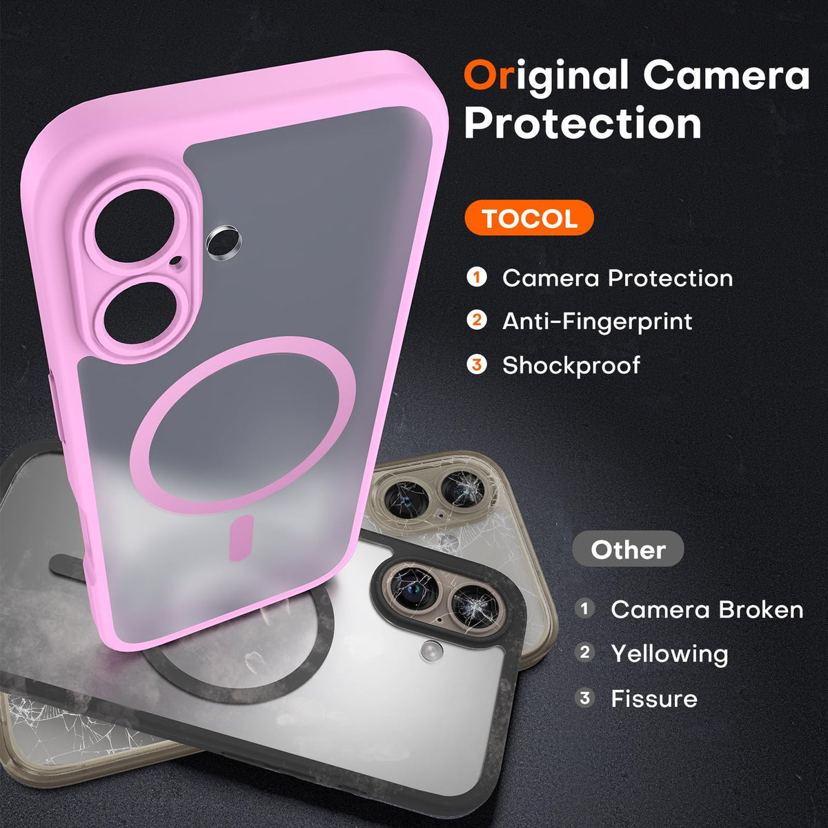 TOCOL Magnetic for iPhone 16 Plus Case 6.7-Inch, Fit for MagSafe, Upgraded [Full Camera Protection], [14FT Military Grade Drop Tested] Shockproof Slim Translucent Matte Back Phone Cover (Pink)