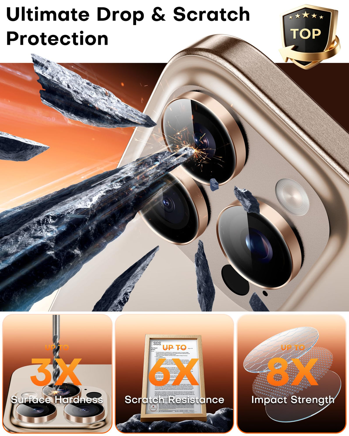 TOCOL for iPhone 16 Pro Max Camera Lens Protector/iPhone 16 Pro Camera Lens Protector Tempered Glass HD Individual Scratch Resistant Cover Accessories Case Friendly 2 Pack（Rose Gold）