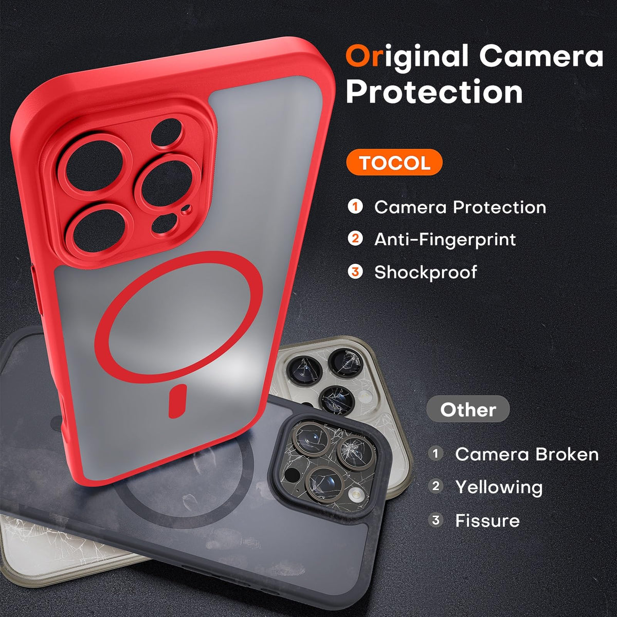 TOCOL 3 in 1 Magnetic Cover for iPhone 16 Pro Max 6.9 Inch with 2 Tempered Glass, Compatible with MagSafe [Integrated Camera Protection] Shockproof Translucent Matte Case, Red
