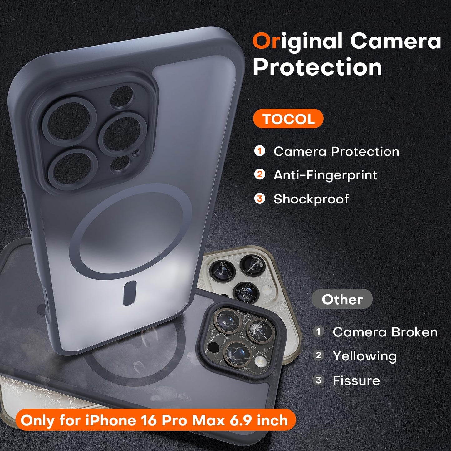 TOCOL for iPhone 16 Pro Max Case, Compatible with MagSafe, Black